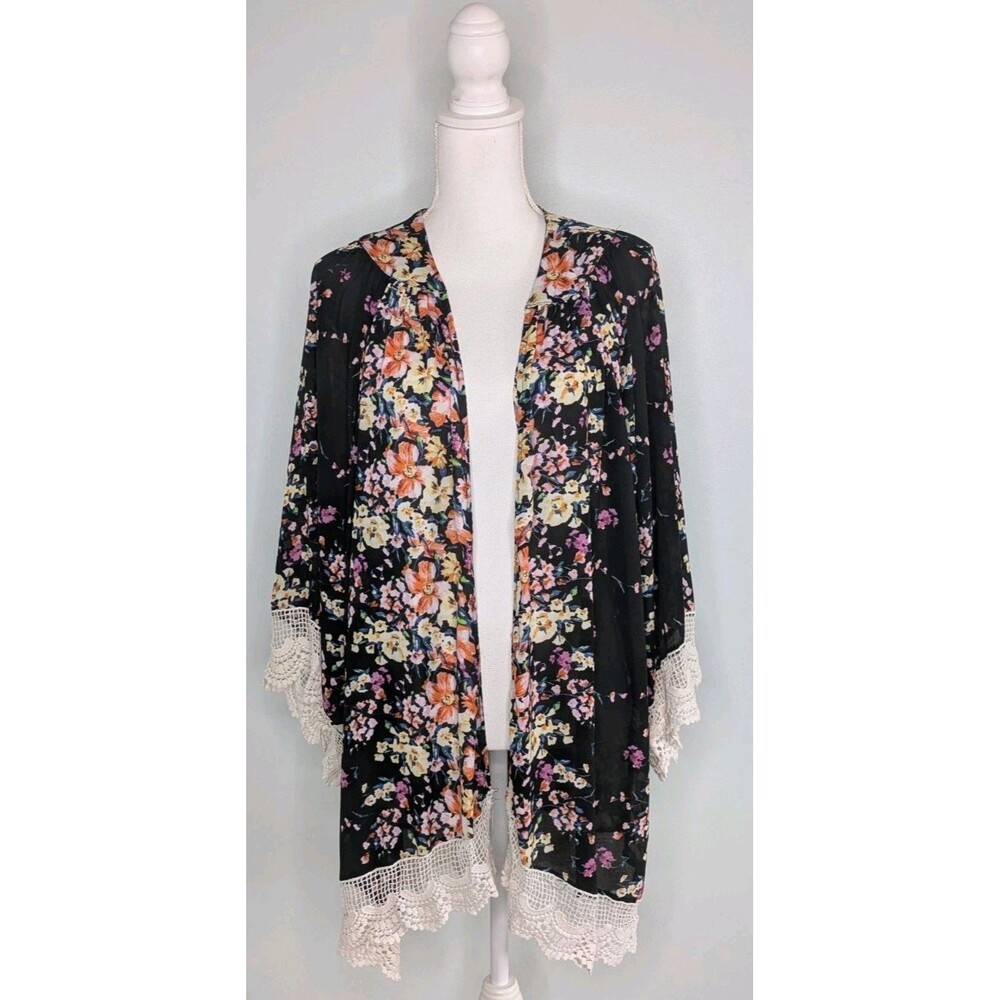 Umgee Boho Black Floral Lace Trim Kimono Cardigan Duster Jacket Size XL